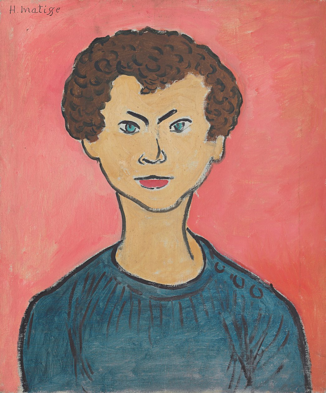 Porträtt med lockigt hår, marinblå tröja av Henri Matisse