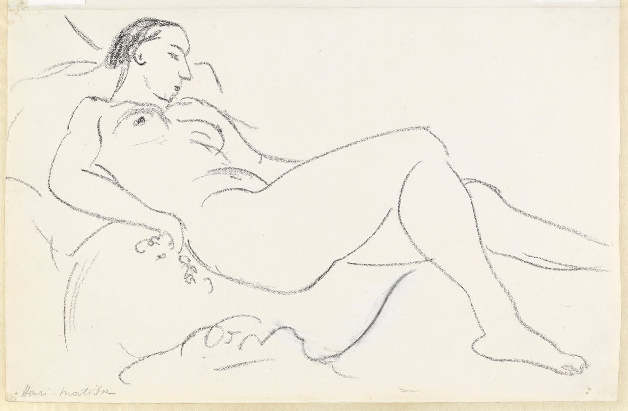 Liggande kvinnlig nakenbild (svartvit krita på papper) av Henri Matisse