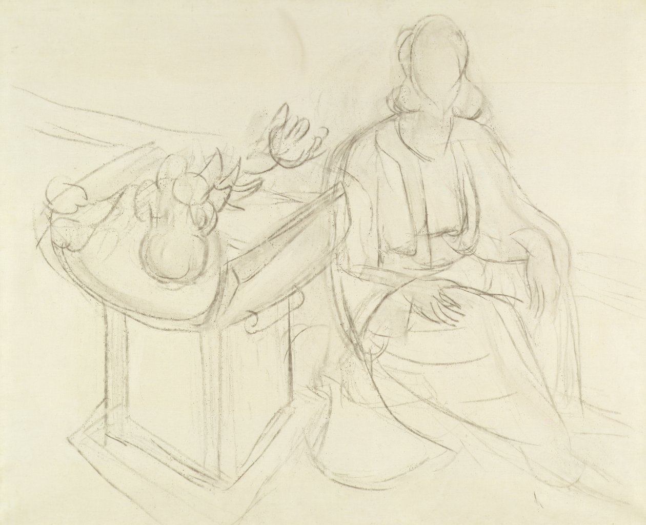 Sittande kvinna - Stilleben med blommor på ett bord (kol på duk) av Henri Matisse