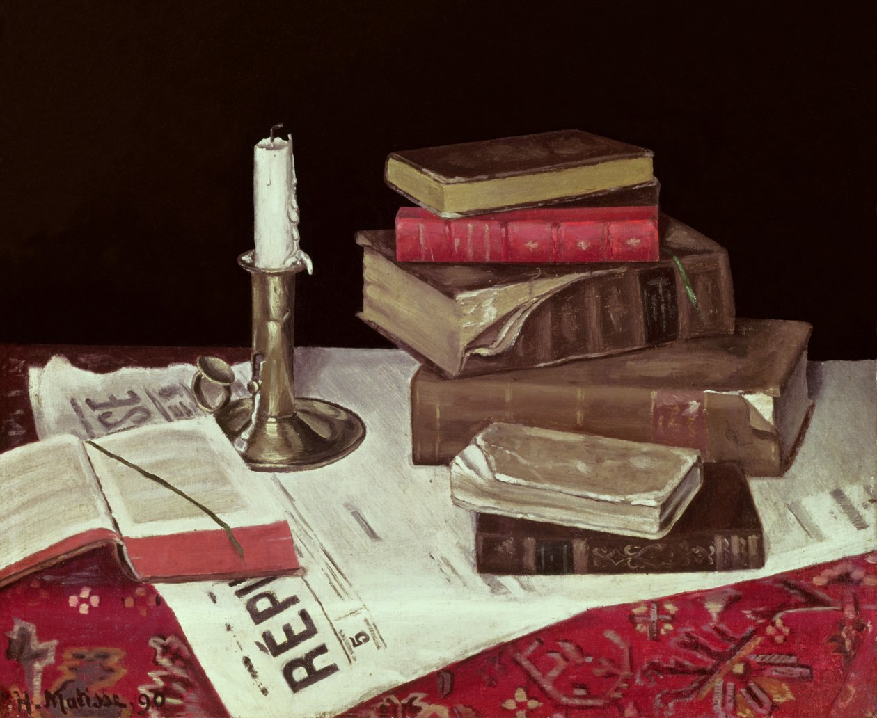 Stilleben med böcker och stearinljus av Henri Matisse