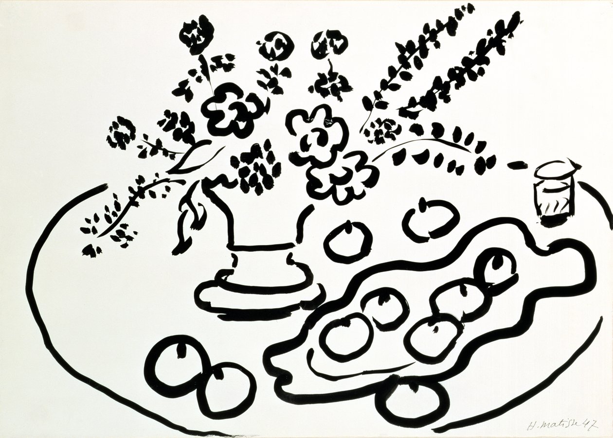 Stilleben med vas med blommor och tallrik med frukt av Henri Matisse