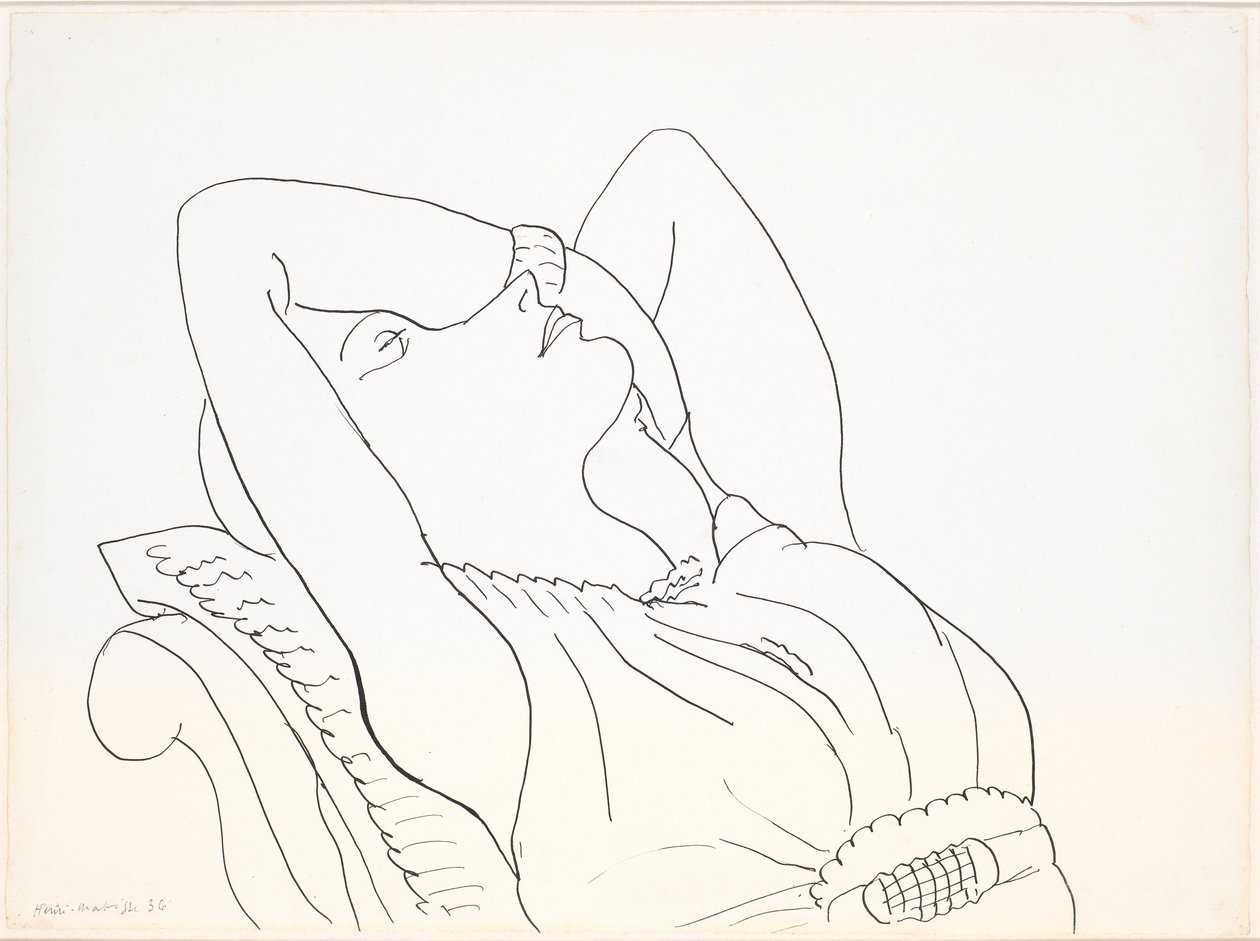 En kvinna som lutar sig tillbaka med armarna över huvudet, halvfigur av Henri Matisse