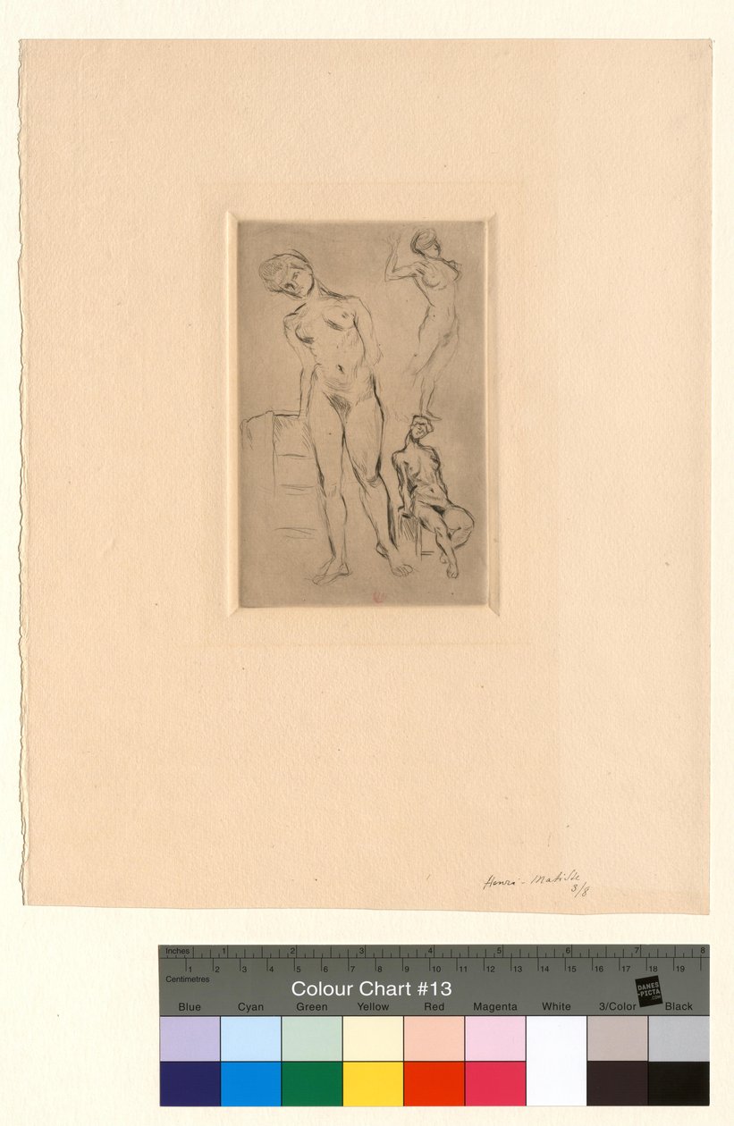 Tre nakna personer, varav en lutar sig mot en pall av Henri Matisse