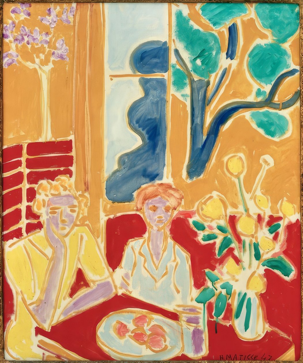 Två unga flickor på gul och röd bakgrund av Henri Matisse