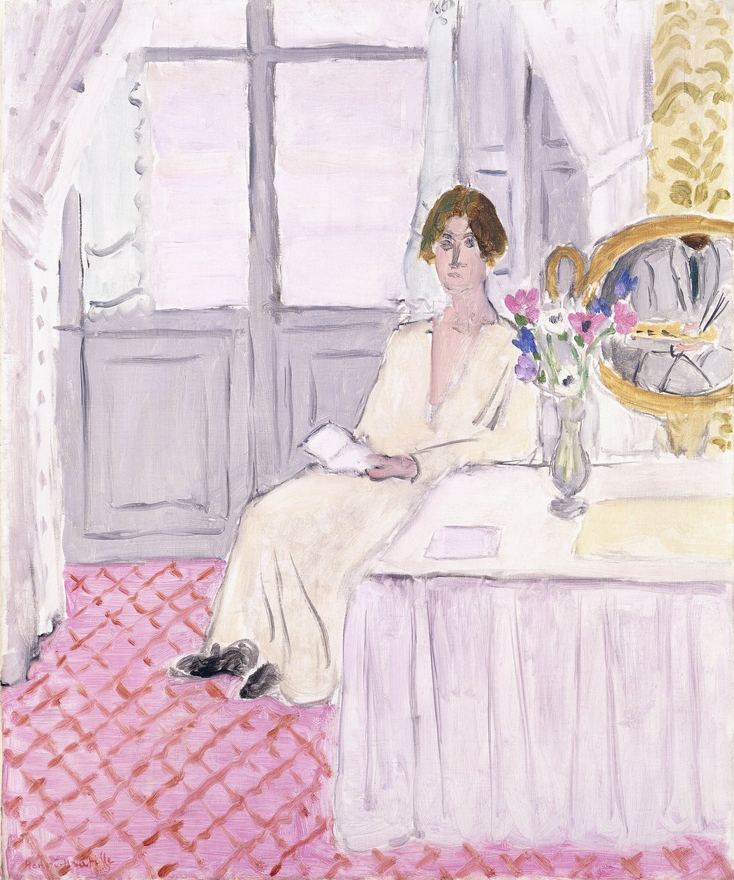 Kvinna som läser framför ett bord och en bukett, Nice av Henri Matisse