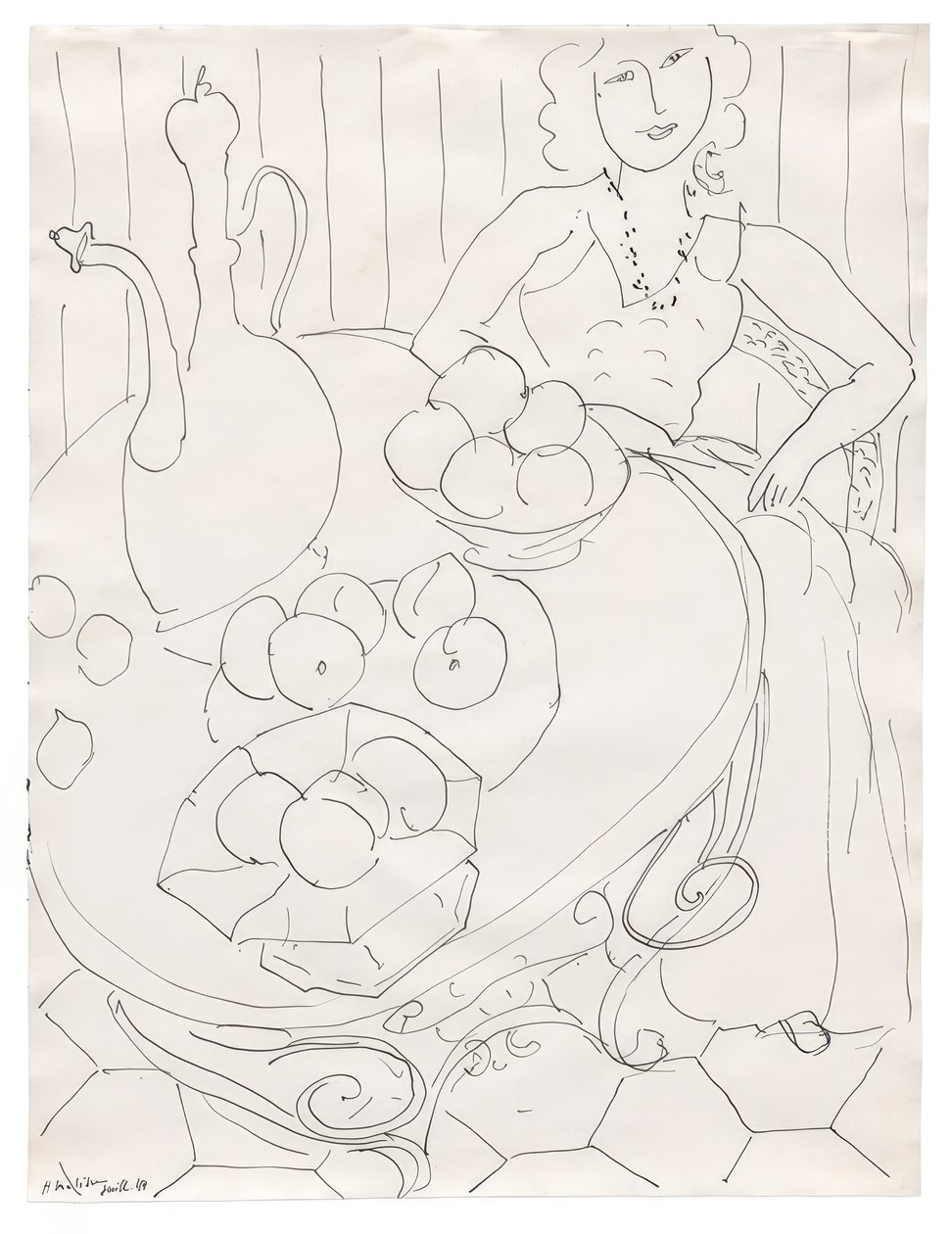 Kvinna sittande vid ett bord med frukt och kanna av Henri Matisse