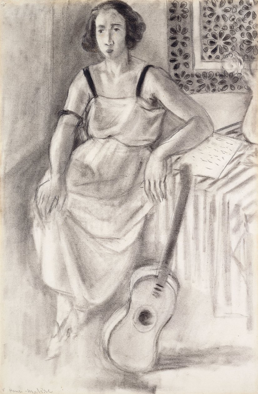 Kvinna som sitter med en gitarr, ca 1921-23 (kol på papper) av Henri Matisse