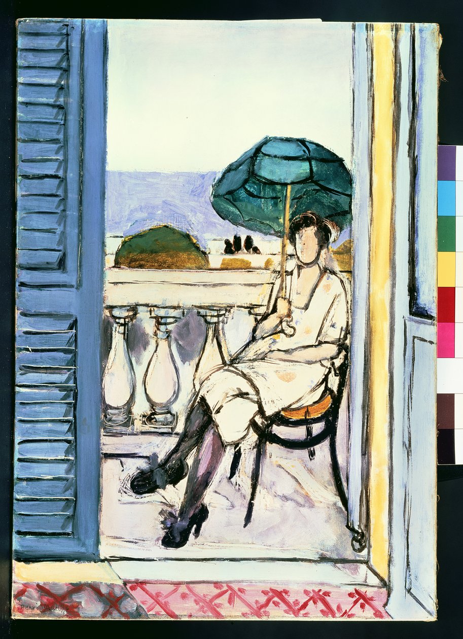 Kvinna med grönt parasoll på en balkong av Henri Matisse