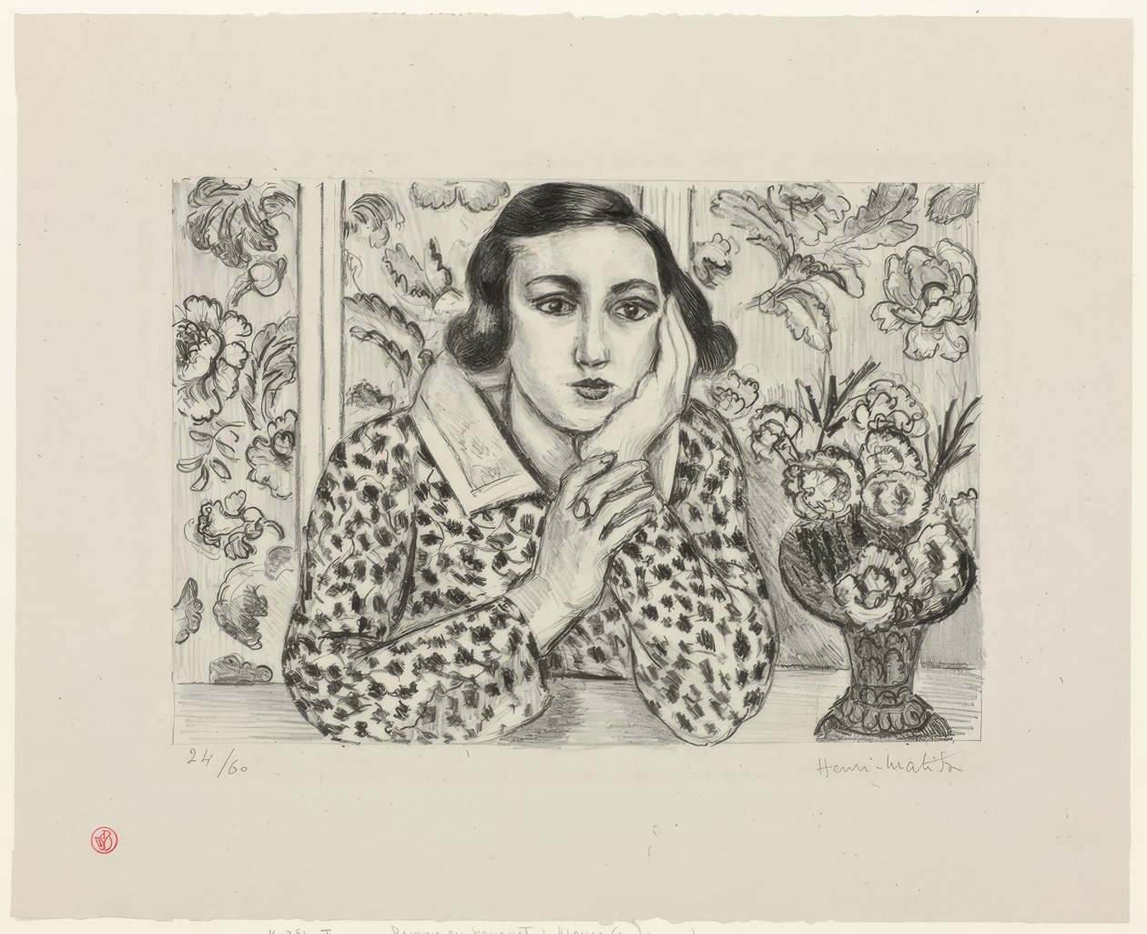 Ung flicka lutar sig mot blommig skärm av Henri Matisse