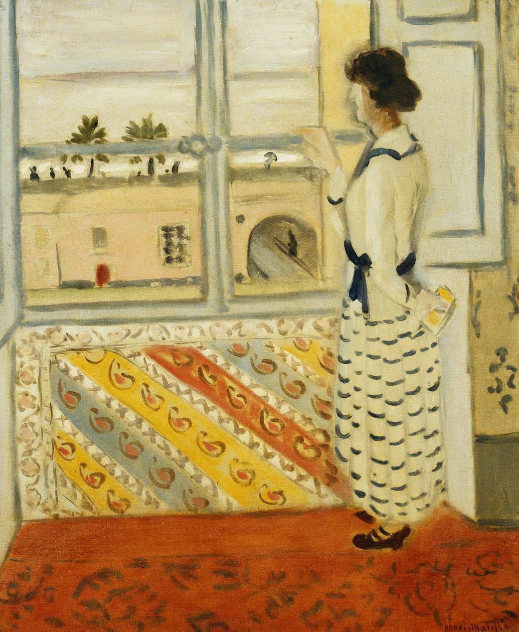 Ung kvinna vid ett fönster, blårandig klänning av Henri Matisse