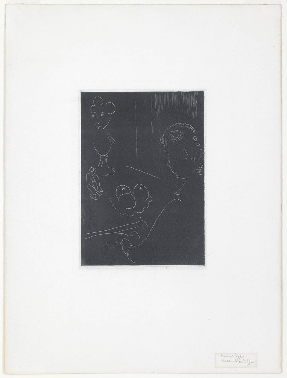 Ung kvinna i en interiör med frukt och skulpturer av Henri Matisse