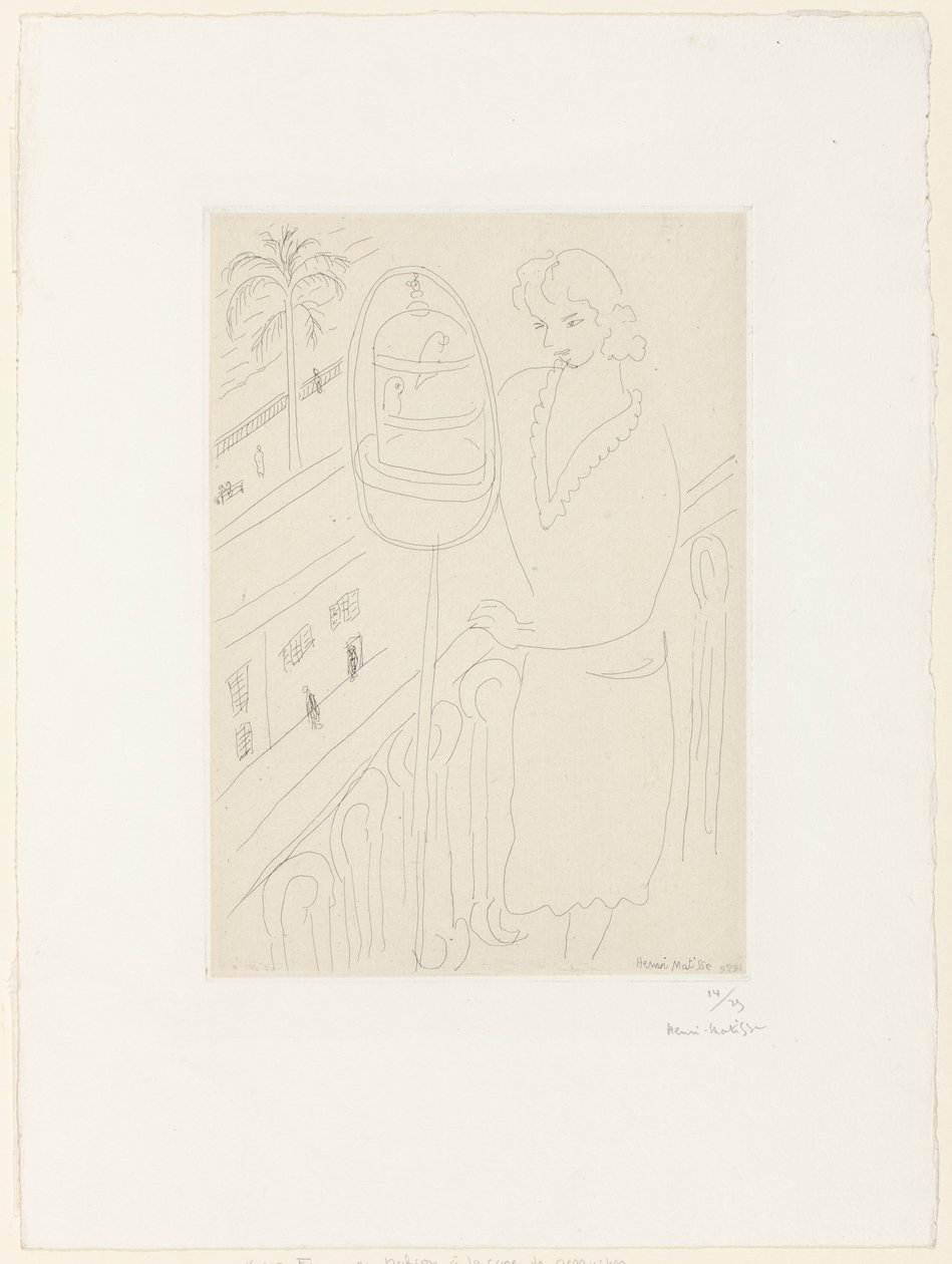 Ung kvinna på en balkong som tittar på parakiter av Henri Matisse
