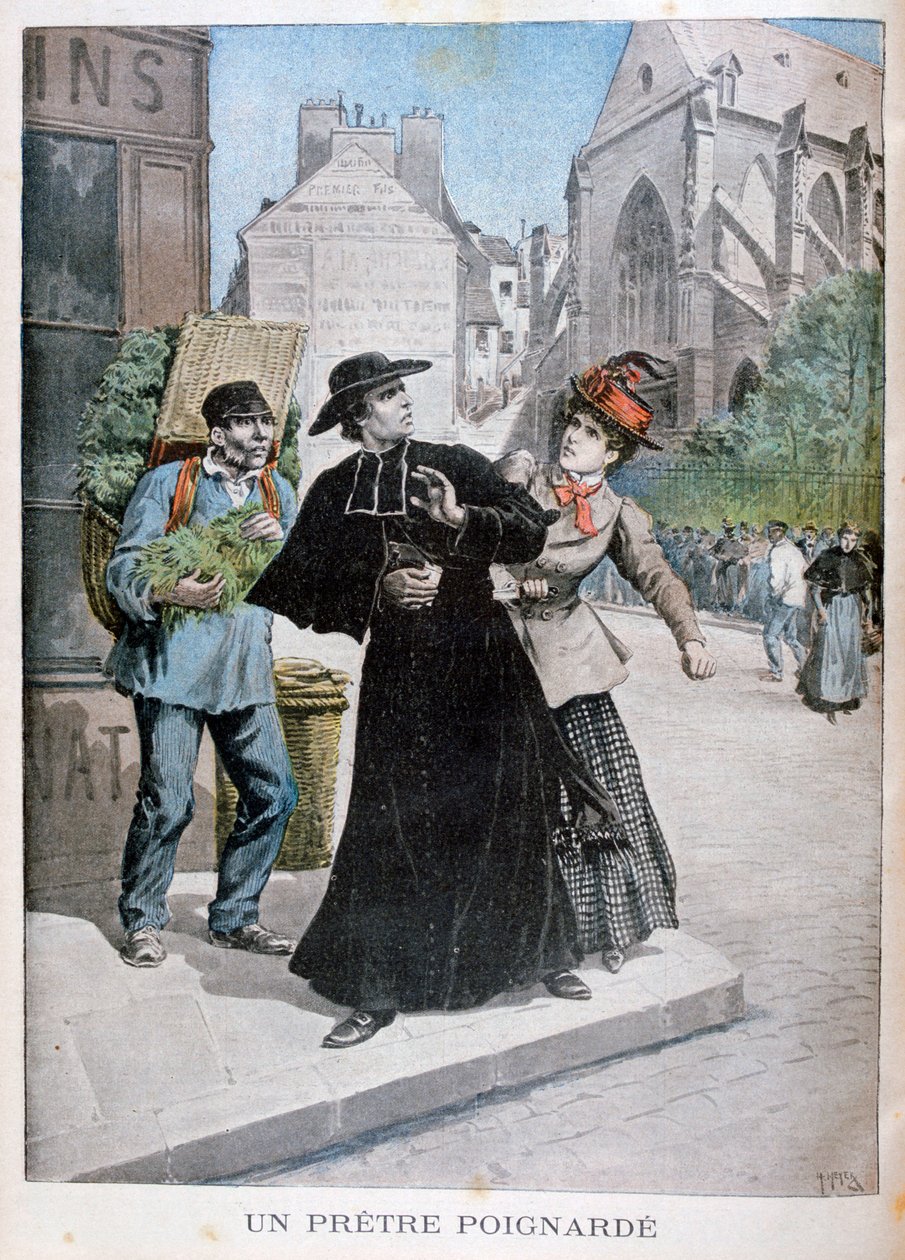 En katolsk präst knivhöggs av en kvinna på gatan, Frankrike, 1897 av Henri Meyer