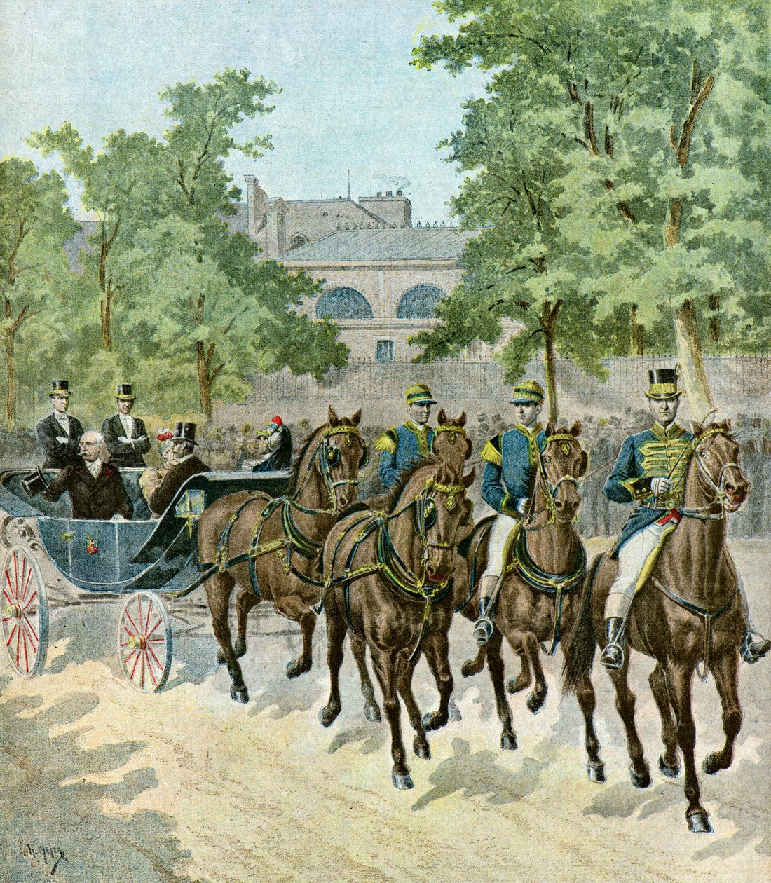 Ankomst av Felix Faure till hippodromen,1895 (Illustration) av Henri Meyer