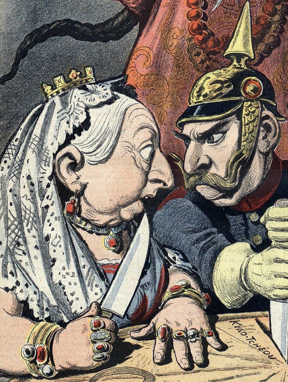 Karikatyr av drottning Victoria och karikatyr av Wilhelm II av Tyskland den 16 januari 1898 detalj från tecknad film om Kinas imperialism (beskuren) av Henri Meyer