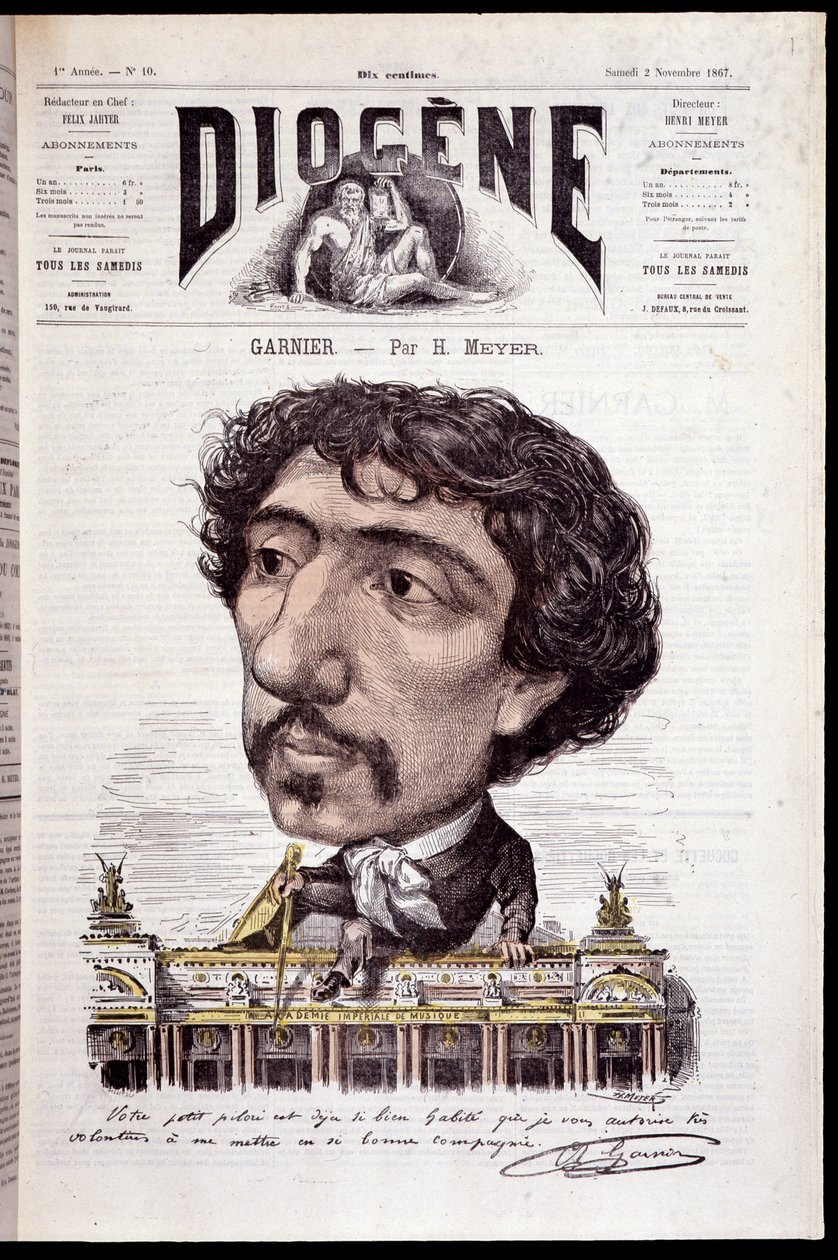 Tecknad serie av Charles Garnier, sittande på hans verk, Opera Garnier - i "" Diogenes"" från 1867-11-02 av Henri Meyer