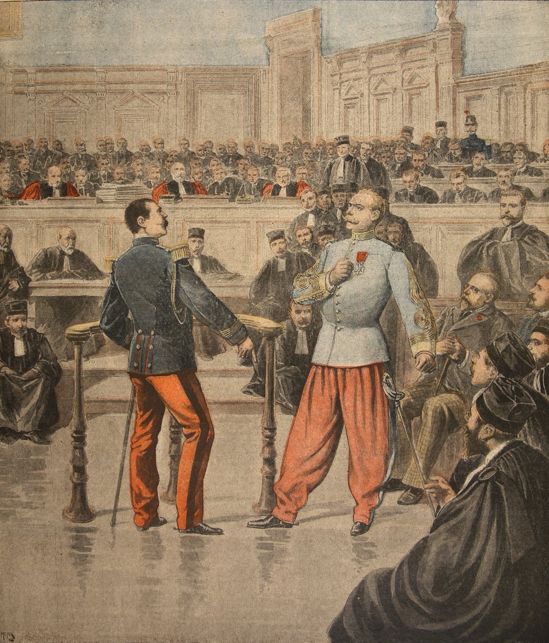 Överste Henry och överstelöjtnant Picquart talar inför Assisses Court, illustration från "Le Petit Journal": Supplement illustre", 27 februari 1898 av Henri Meyer