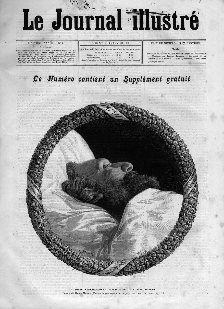 Leon Gambettas död (1838-1882) Fransk politiker - Leon Gambetta på sin dödsbädd i "The Illustrous Journal" från 1883 - Teckning av Henri Meyer (1844-1899) av Henri Meyer