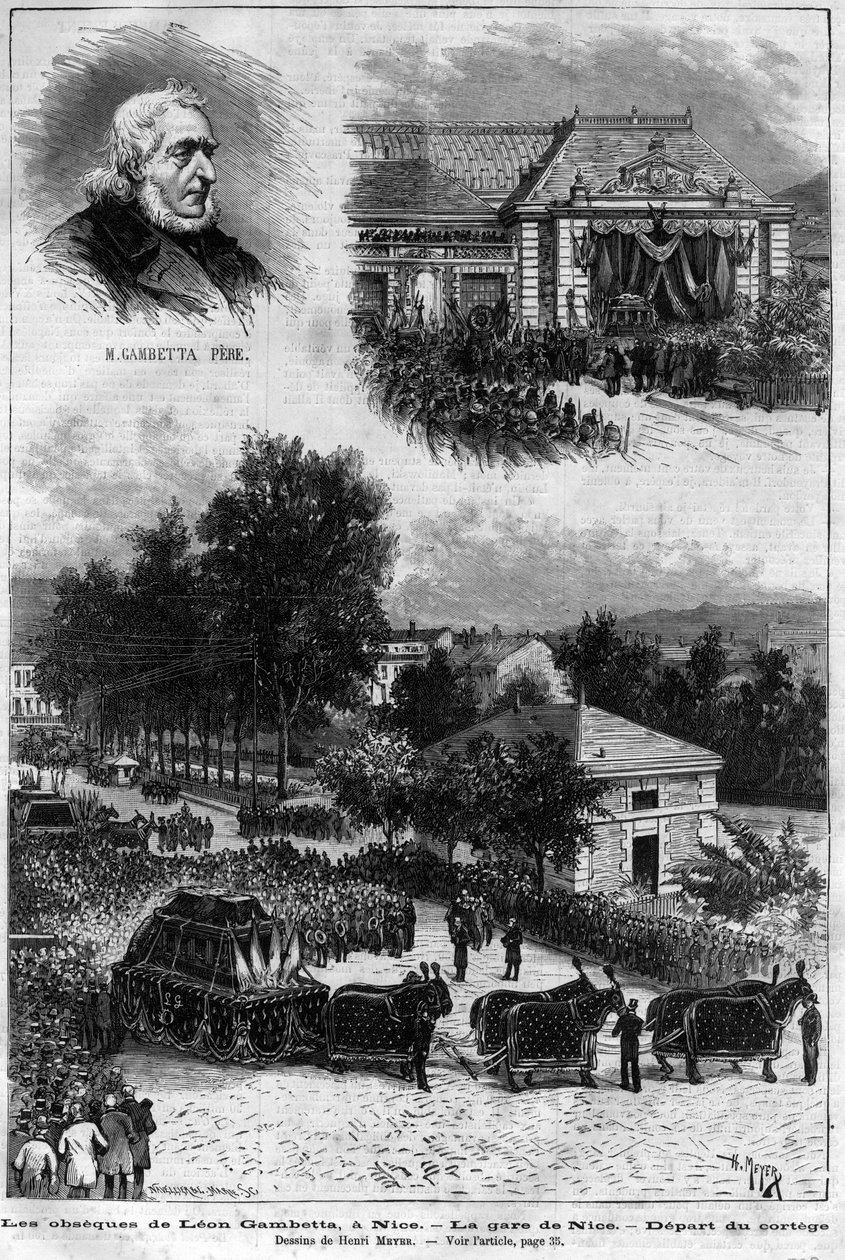 Leon Gambettas död (1838-1882) fransk politiker - Leon Gambettas begravning i Nice - Nice tågstation - processionens avgång - i "" Le journal illustrious"" från 1883 - Teckning av Henri Meyer (1844-1899) av Henri Meyer