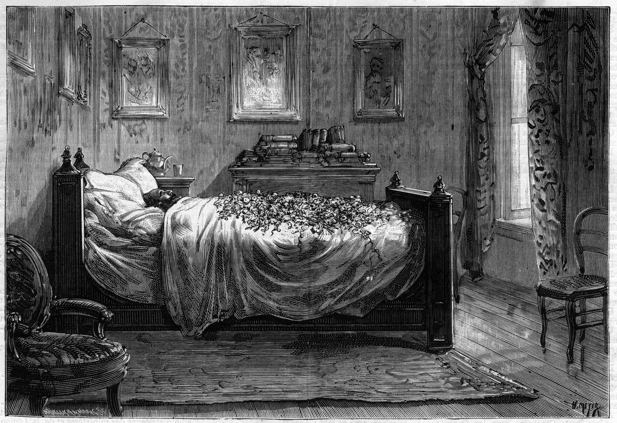 Leon Gambettas död (1838-1882) fransk politiker - bårhuskammaren - i "The Illustrous Journal" från 1883 - Teckning av Henri Meyer (1844-1899) av Henri Meyer