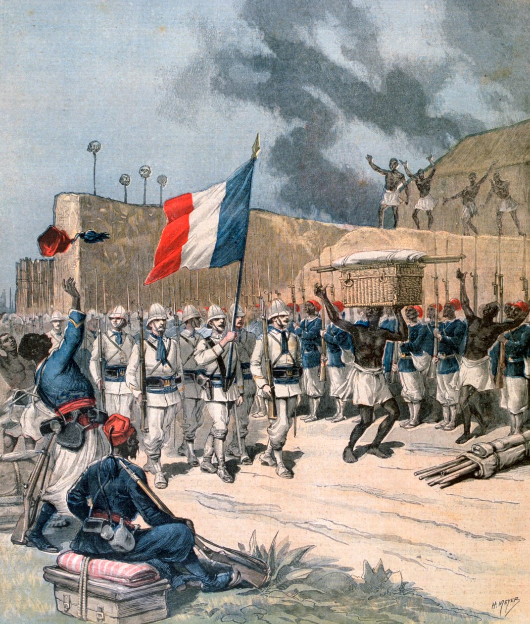 Den franska arméns inträde i Abomey, Dahomey, Afrika, 1892 av Henri Meyer