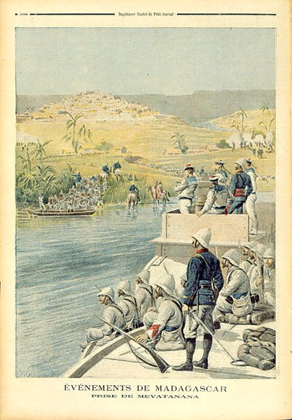 Händelser på Madagaskar: The Capture of Mevatanana, illustration från Le Petit Journal, 30 juni 1895 av Henri Meyer