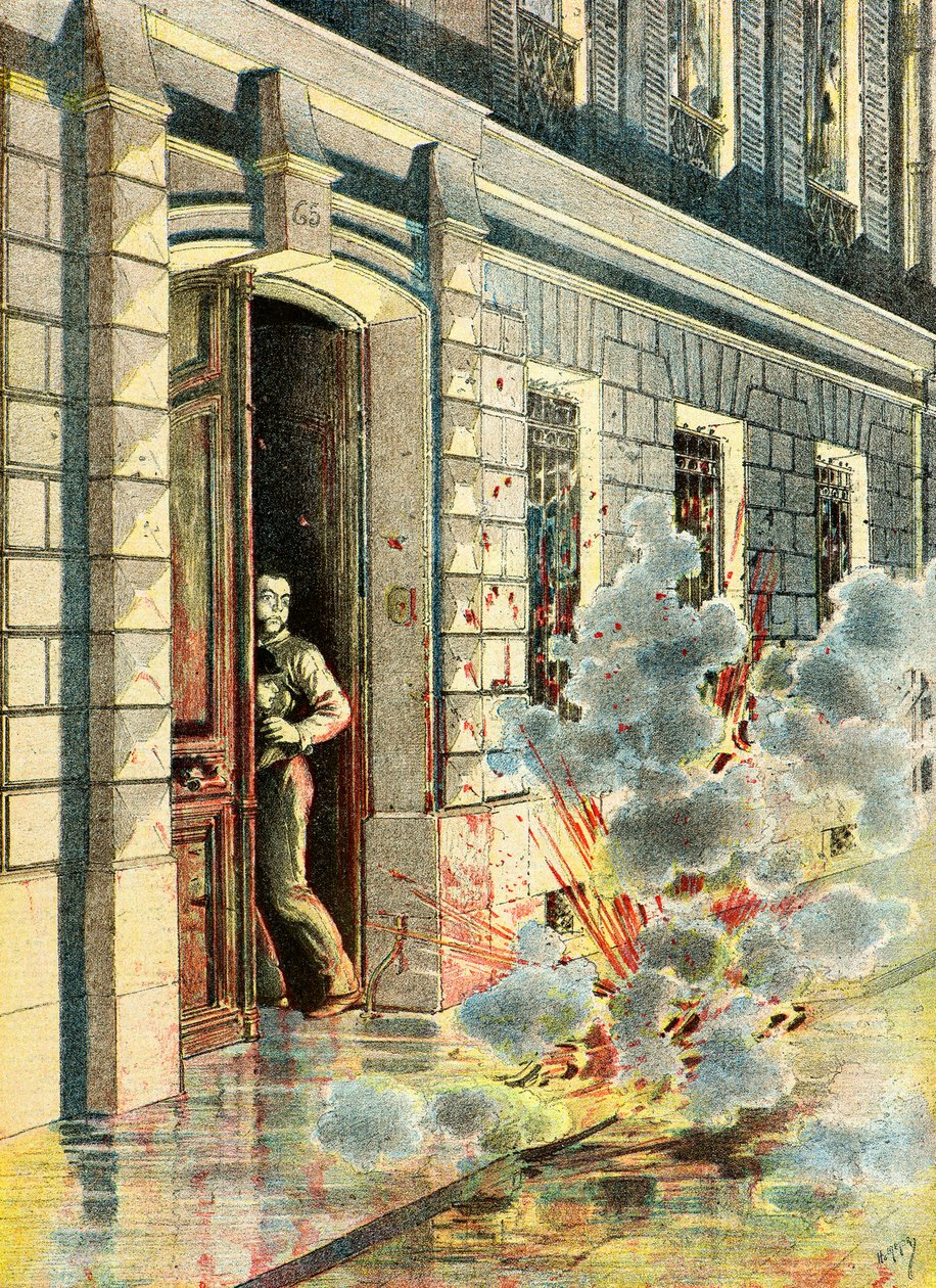 Explosion av en bomb som placerats ut av en anarkist av Henri Meyer