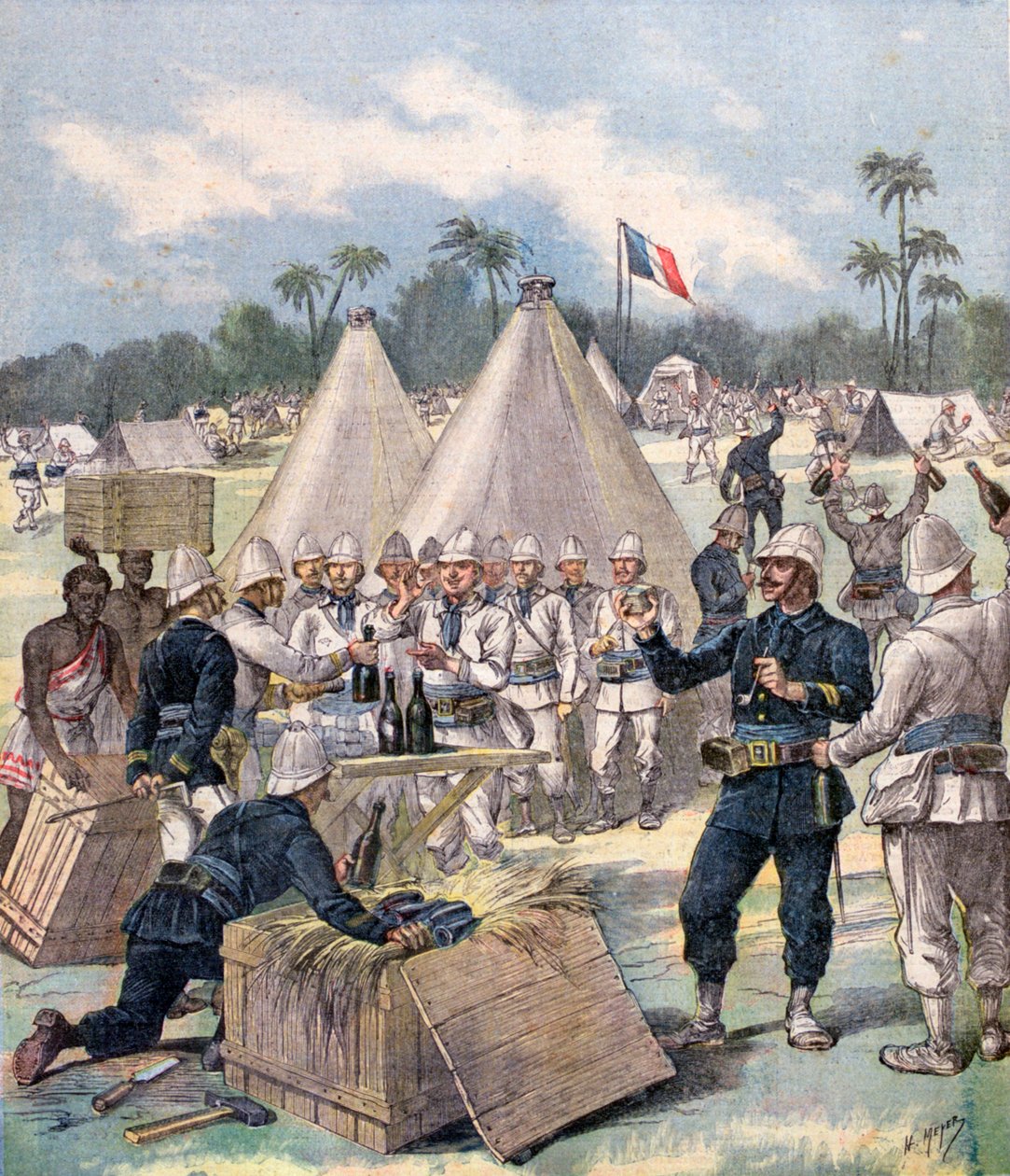 Franska soldater öppnar presentförpackningar för nyår i Dahomey, Afrika, 1892 av Henri Meyer