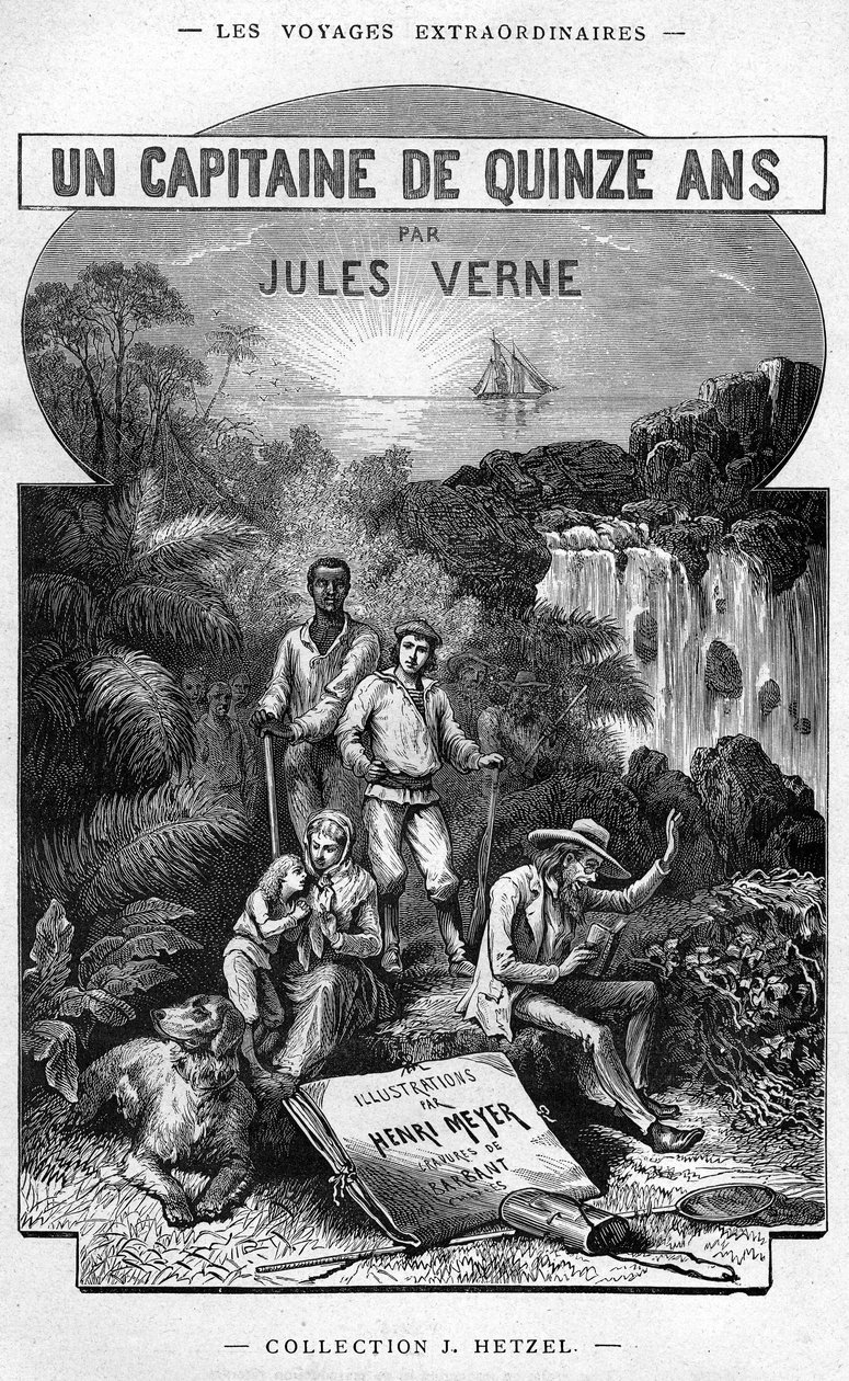 Frontispice från Jules Vernes bok "En kapten på femton år", Hetzel-utgåvan/ Extraordinary Voyages 1878 av Henri Meyer