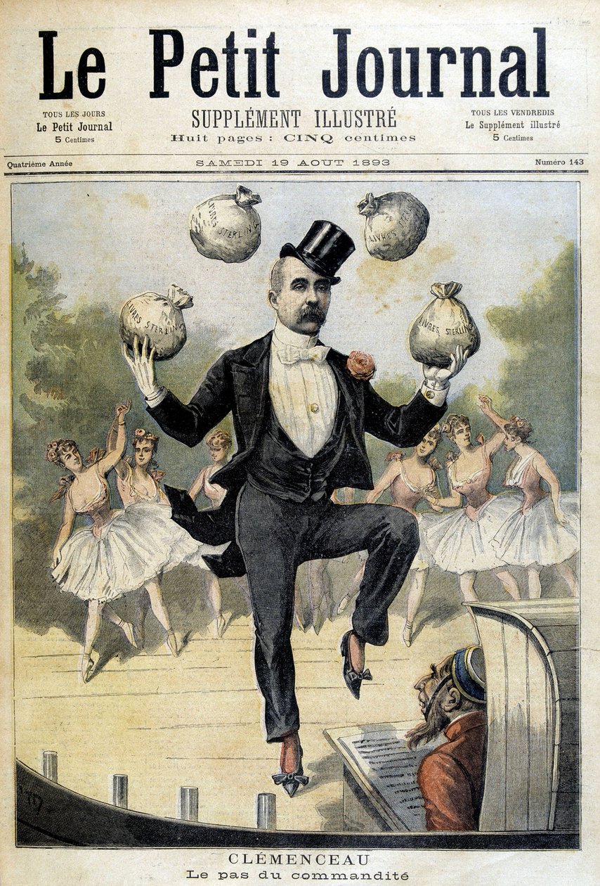 Georges Clemenceau jonglerar med Pounds Sterling - i "" Le Petite Journal"" av 1893-08-19 av Henri Meyer