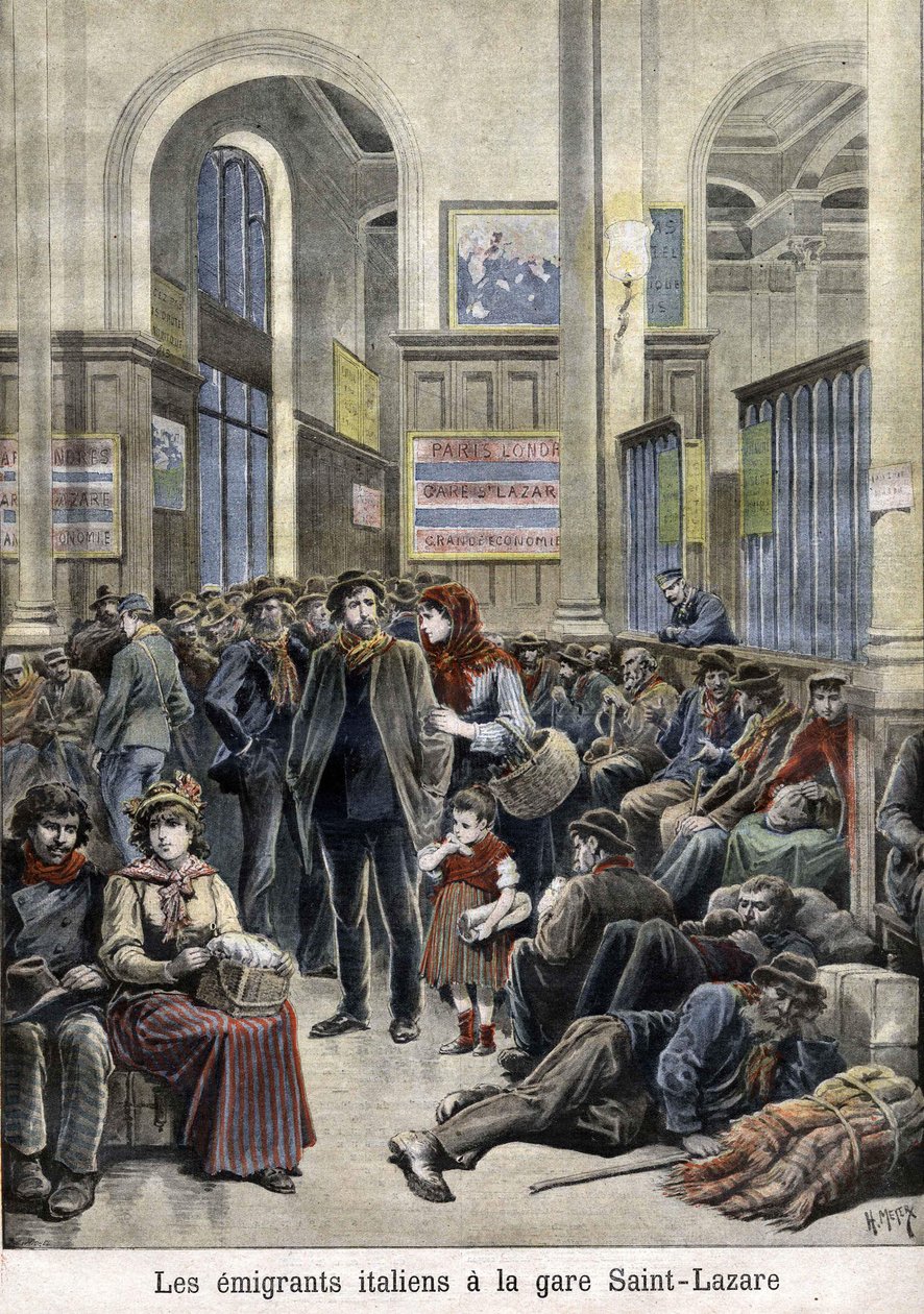 Italienska emigranter vid stationen St Lazarus (Saint Lazarus) (Saint Lazarus) - i "The Petity Journal", mars 1896 av Henri Meyer