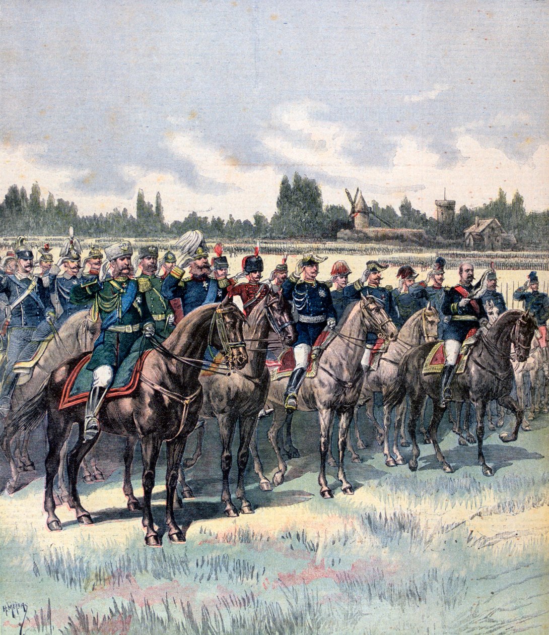 Militär granskning med general Saussier och utländska militärattachéer, 14 juli 1891. av Henri Meyer