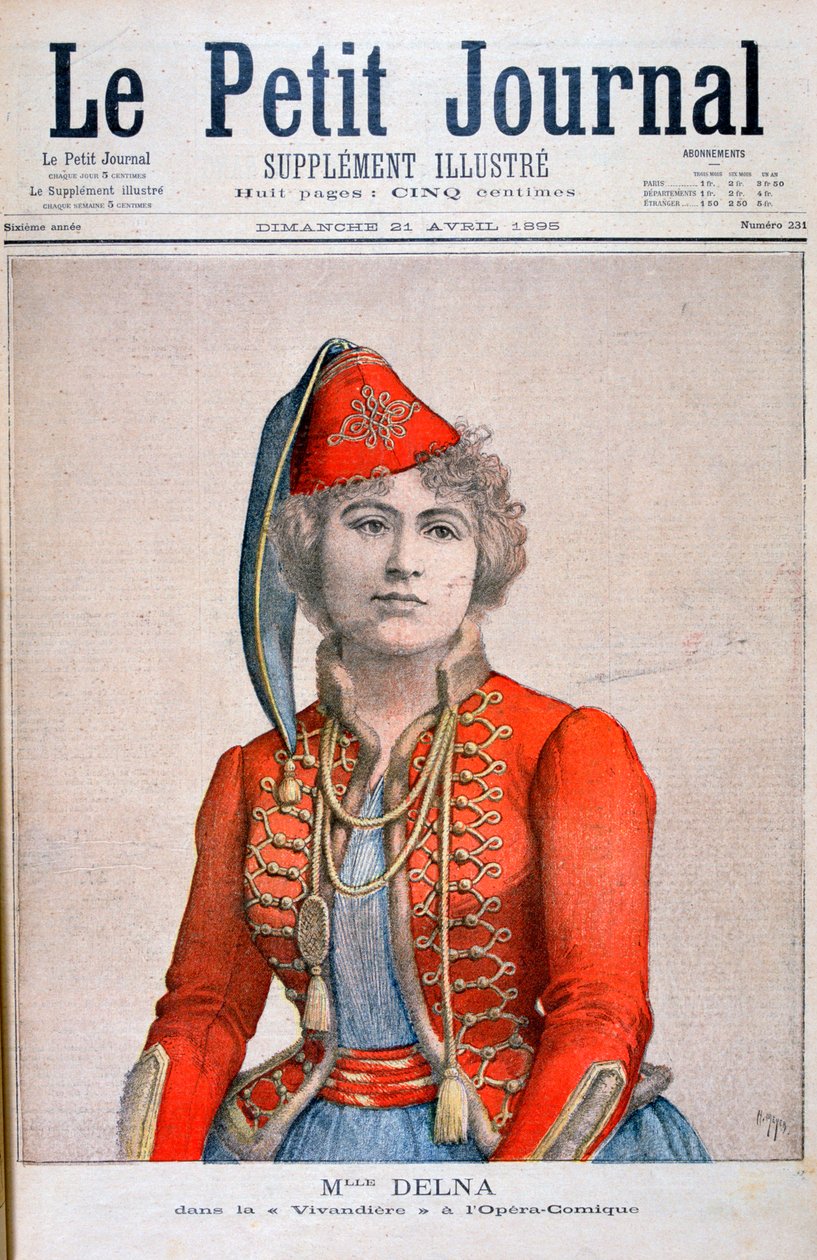 Mlle Delna, porträtterar en vivandiere i den komiska operan, La Vivandiere, 1895 av Henri Meyer