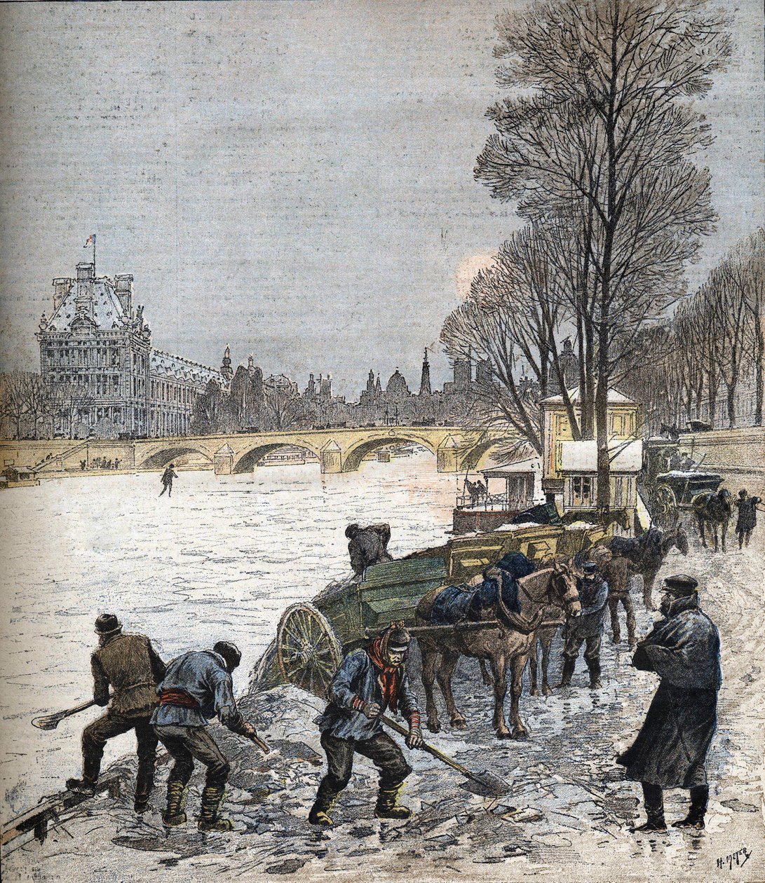 Paris under snön 1895 Liten tidning från 1895 (gravyr) av Henri Meyer