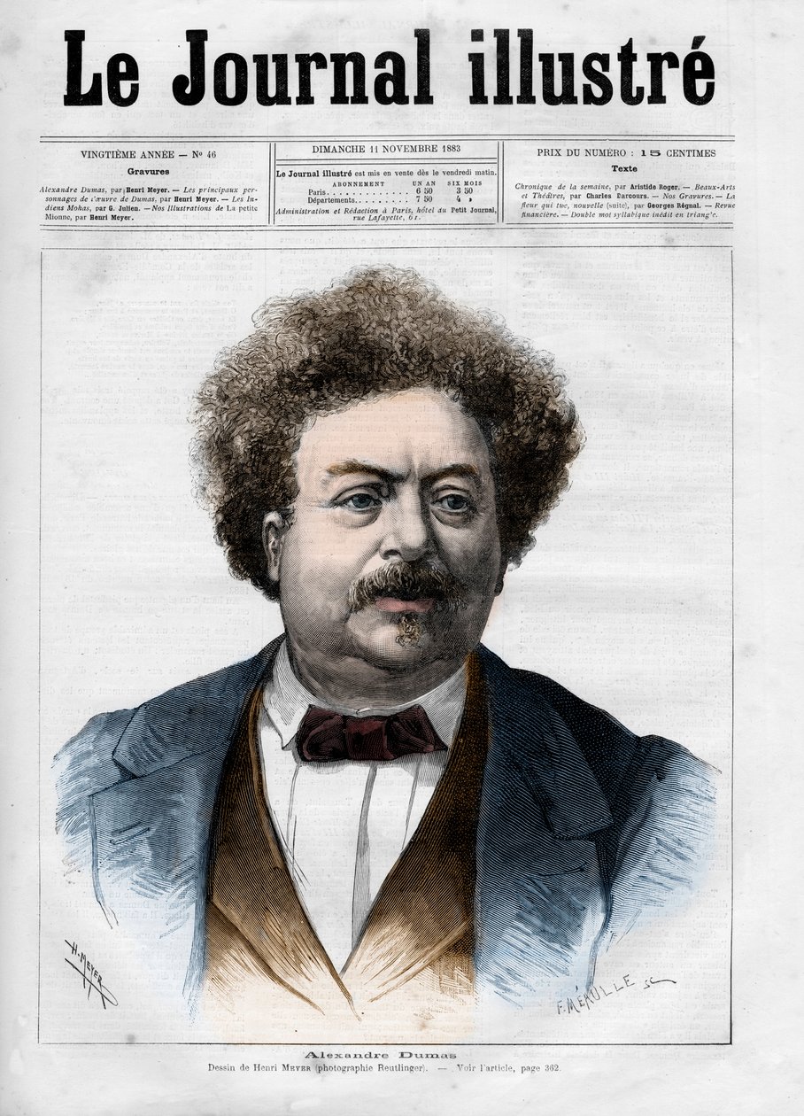 Porträtt av Alexandre Dumas pere (1802-1870) Försättsblad till "The Illustrous Journal" från 1883 - Teckning av Henri Meyer (1844-1899) av Henri Meyer