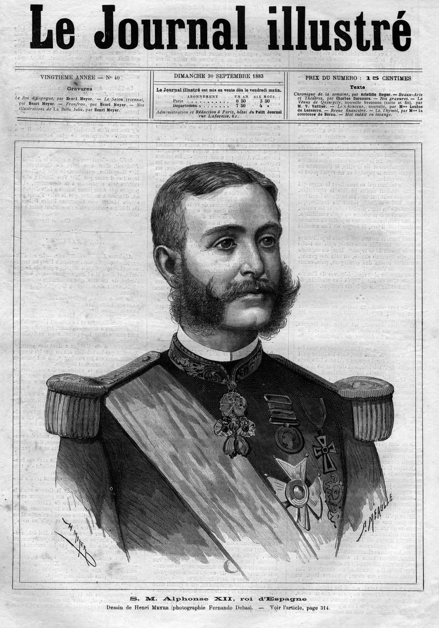Porträtt av Alfonso XII av Spanien (Alfons XII) (1857-1885), kung av Spanien - Försättsblad till "The Illustrous Diary" från 1883 - Teckning av Henri Meyer (1844-1899) av Henri Meyer