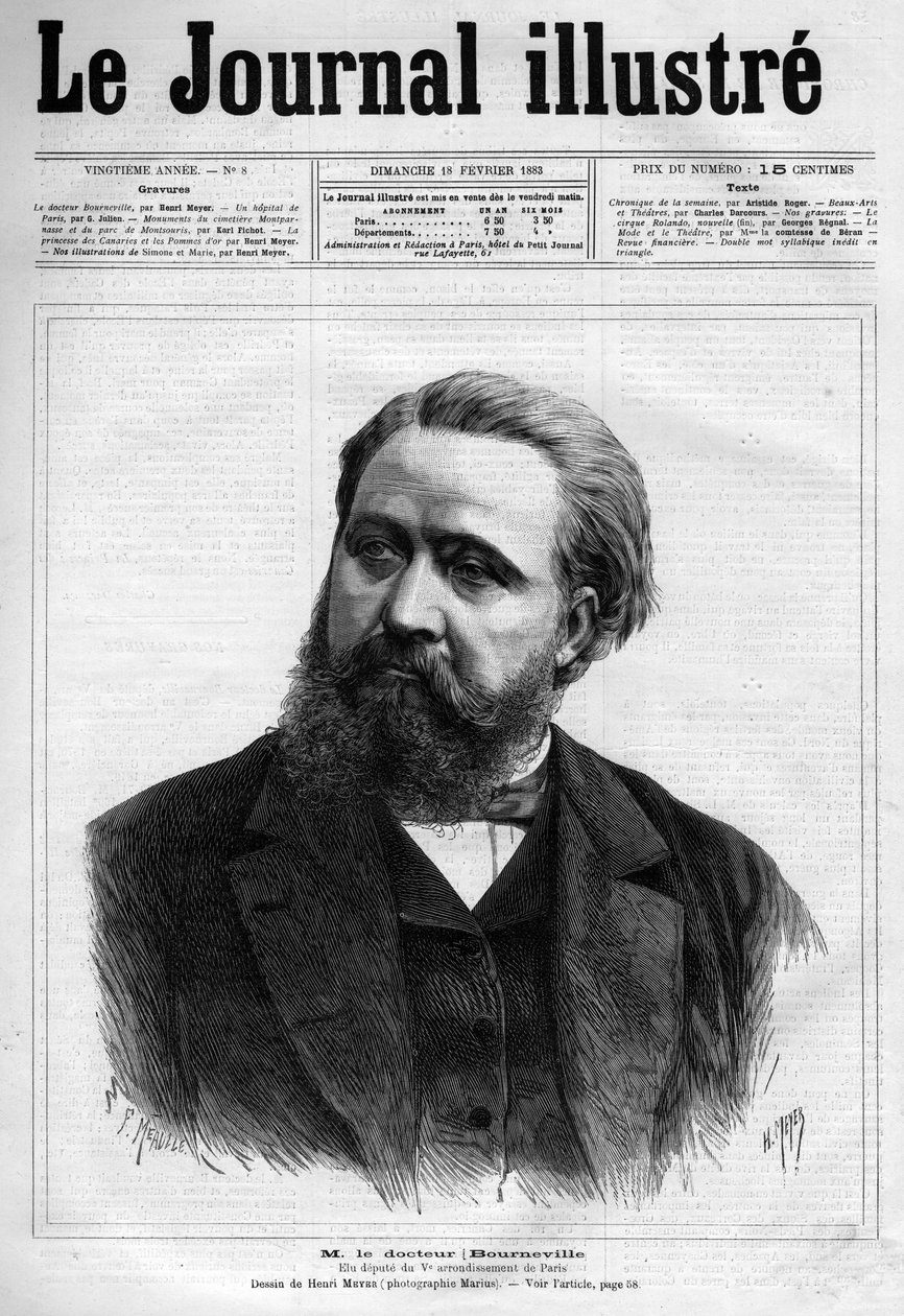 Porträtt av Desire Magloire Bourneville (1840-1909), fransk läkare neurolog - Försättssida till "" Le journal illustrious"" från 1883 - Teckning av Henri Meyer (1844-1899) av Henri Meyer