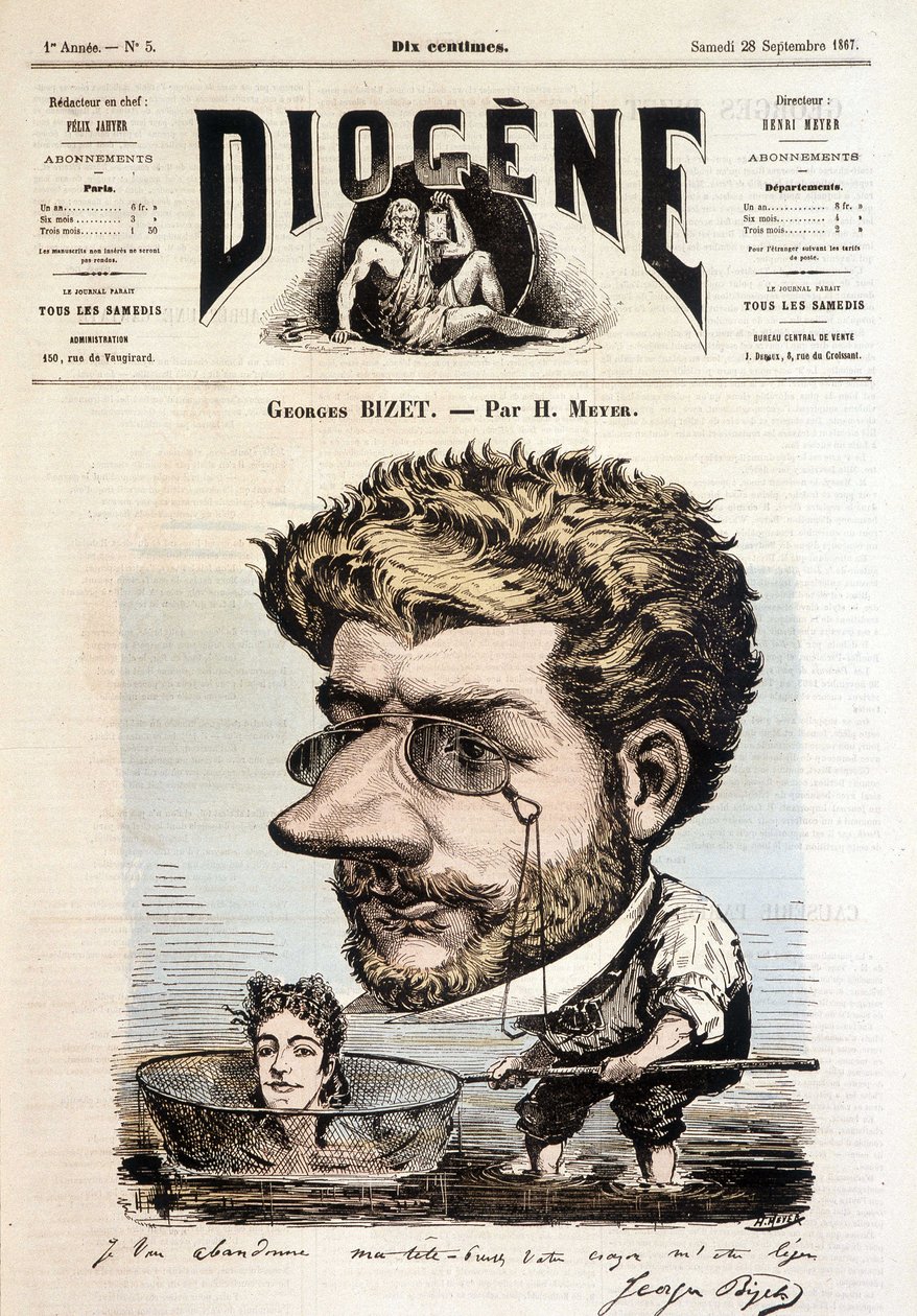 Porträtt av Georges Bizet av Meyer - i "" Diogenes", 1867-09-28. av Henri Meyer