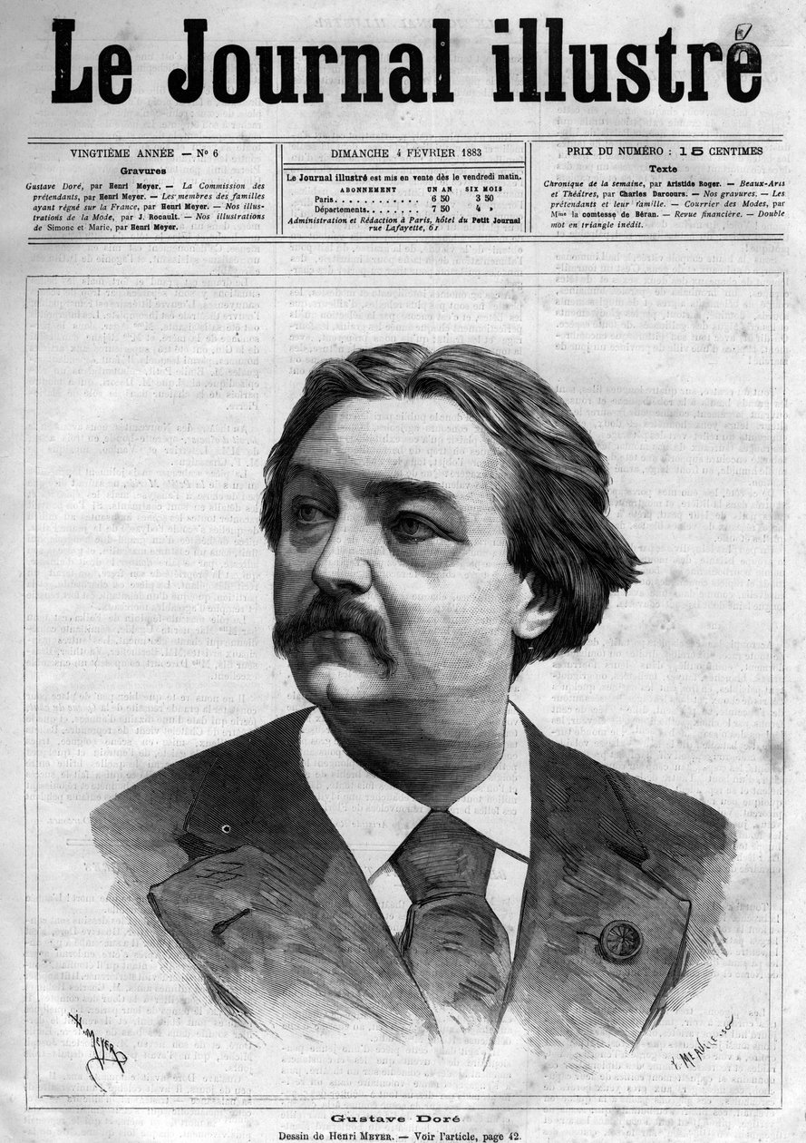 Porträtt av Gustave Dore (1832-1883), fransk målare och serietecknare - Försättsblad till "The Illustrious Journal" från 1883 - Teckning av Henri Meyer (1844-1899) av Henri Meyer