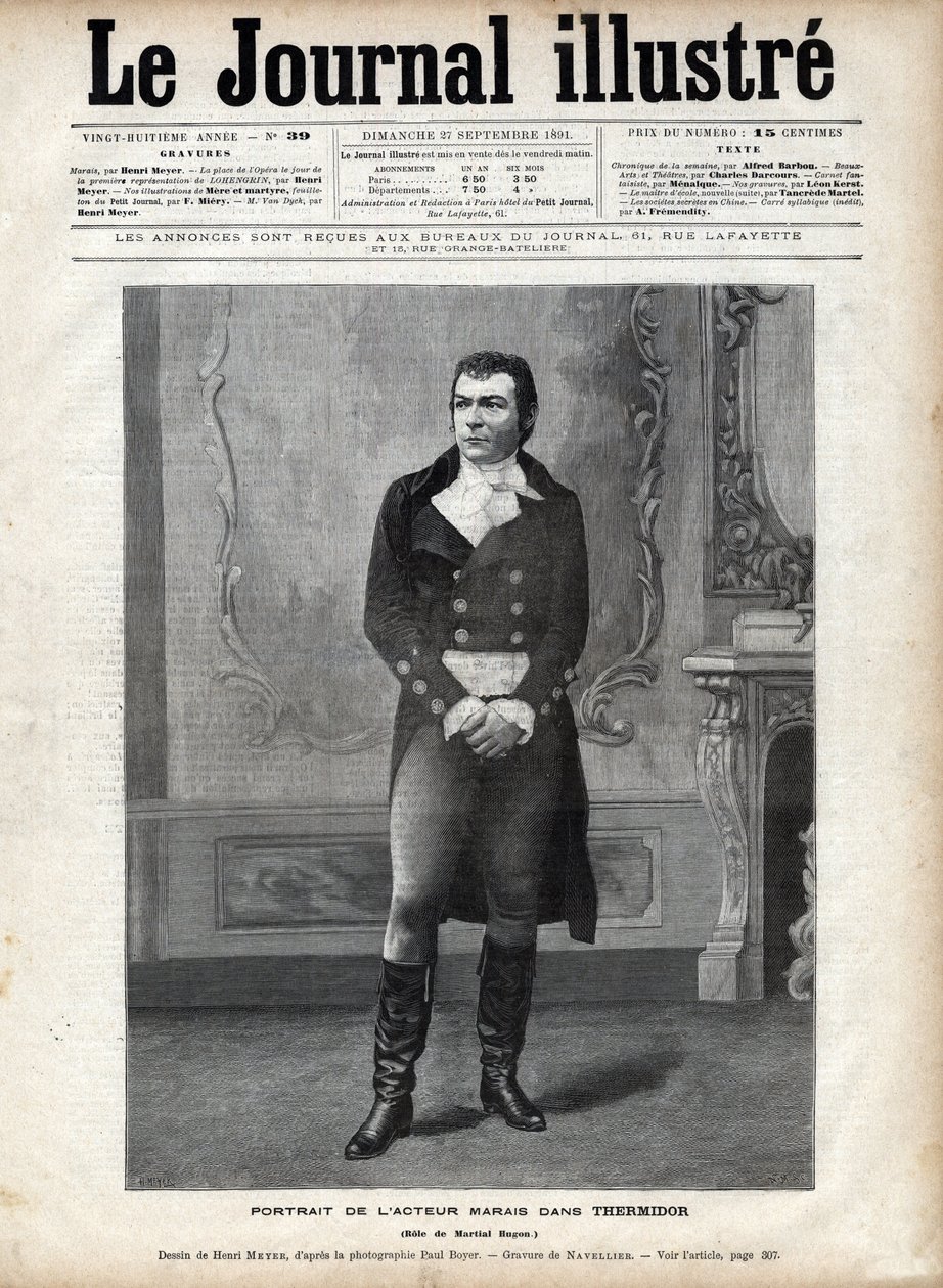 Porträtt av Leon Marais (1853-1891) i "Thermidor"" av viktorianska Sardou i rollen som Martial Hugon - teckning av Henri Meyer, gravyr av Navellier i "The Illustrous Diary"" från 1891 av Henri Meyer