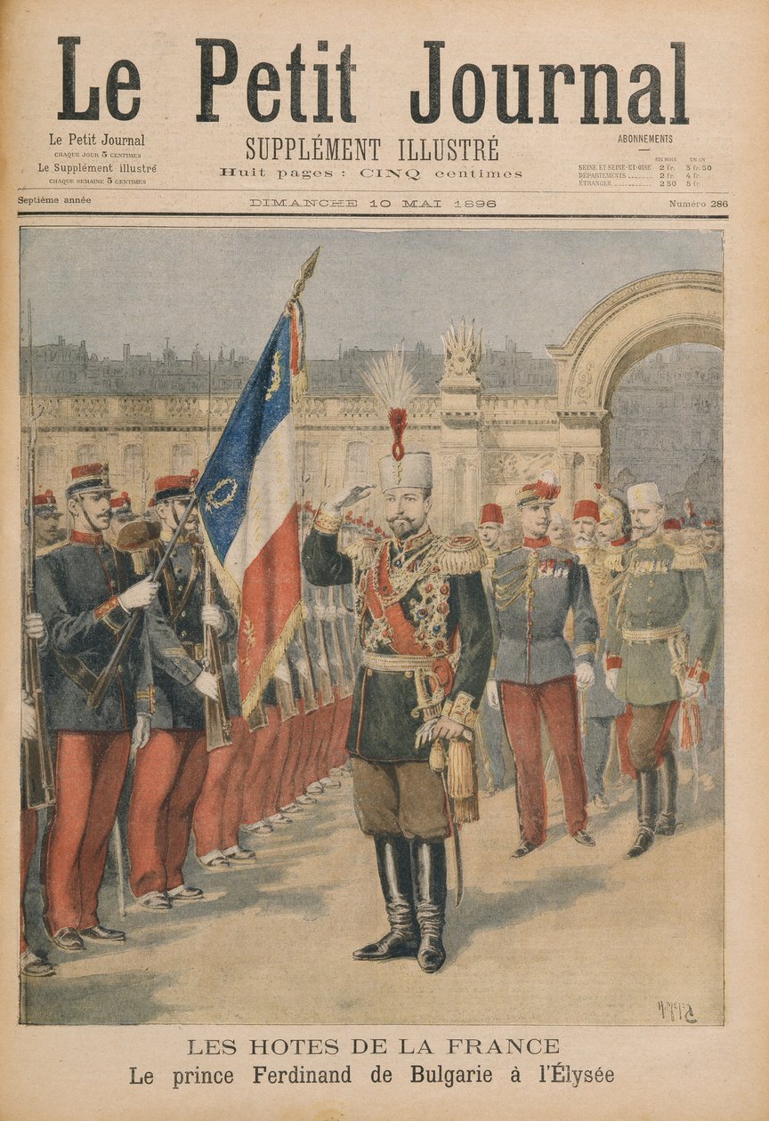 Prince Ferdinand (1861-1948) of Bulgaria at the Elysee Palace, illustration from Le Petit Journal, 10 May 1896 (colour engraving) av Henri Meyer