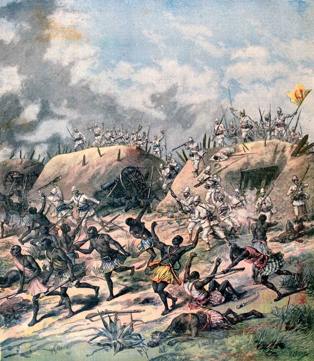 Den franska attacken på Kana, Dahomey, Afrika, 1892 av Henri Meyer