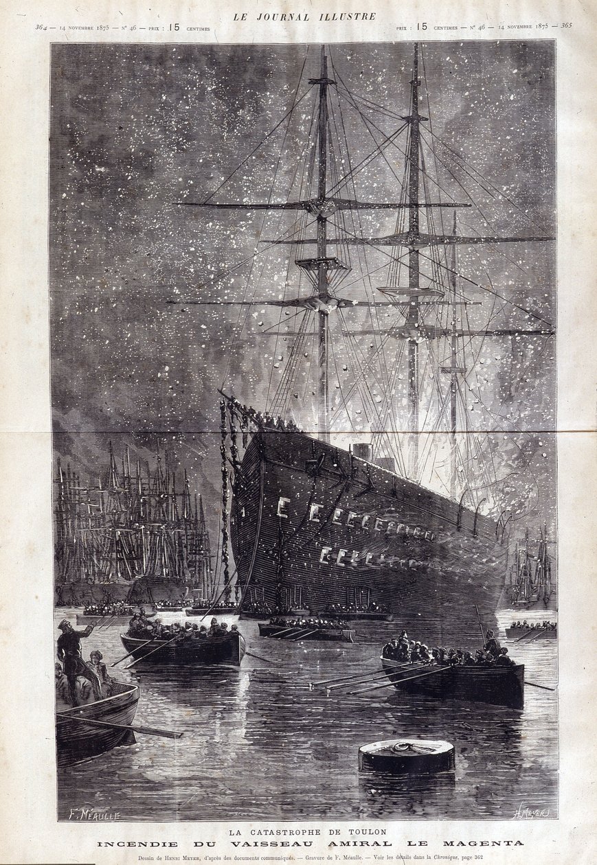 Katastrofen i Toulon: elden från flaggskeppet "" Le Magenta"" - i "" Le Journal Illustrousse"" 1875 av Henri Meyer