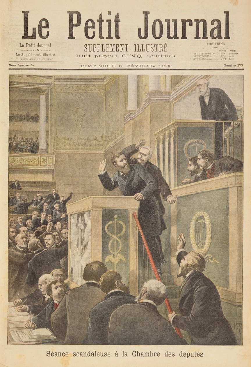 Titelsida som skildrar det skandalösa mötet i Deputeradehuset: Jean Jaures attackerad av Bernis under en debatt om Dreyfus-affären, illustration från det illustrerade tillägget till Le Petit Jou av Henri Meyer