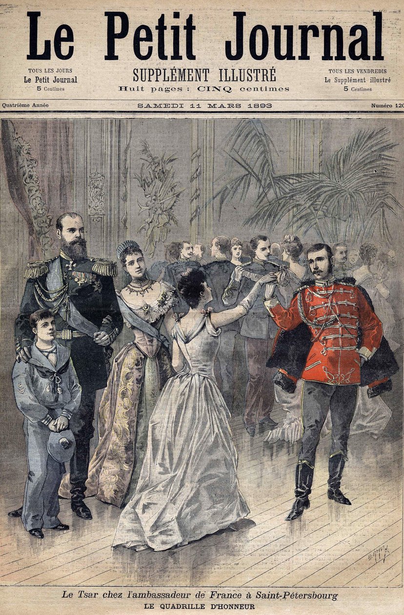 Tsar Alexander III vid Frankrikes ambassadör Greven av Montebello i S:t Petersburg 1893. Heders rutnät. Omslag till Le Petit Journal 1893 (gravyr) av Henri Meyer