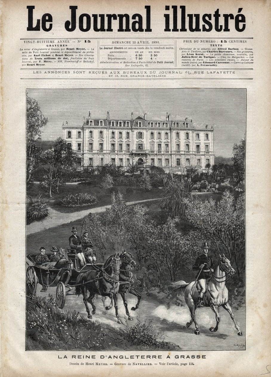 Victoria drottningen av England i Frankrike i april 1891: A Walk in Grasse - Queen Victoria a Grasse i Frankrike i april 1891 - Försättssidan för "The Illustrous Journal" från 1891 - Teckning av Henri Meyer (1844-1899) av Henri Meyer