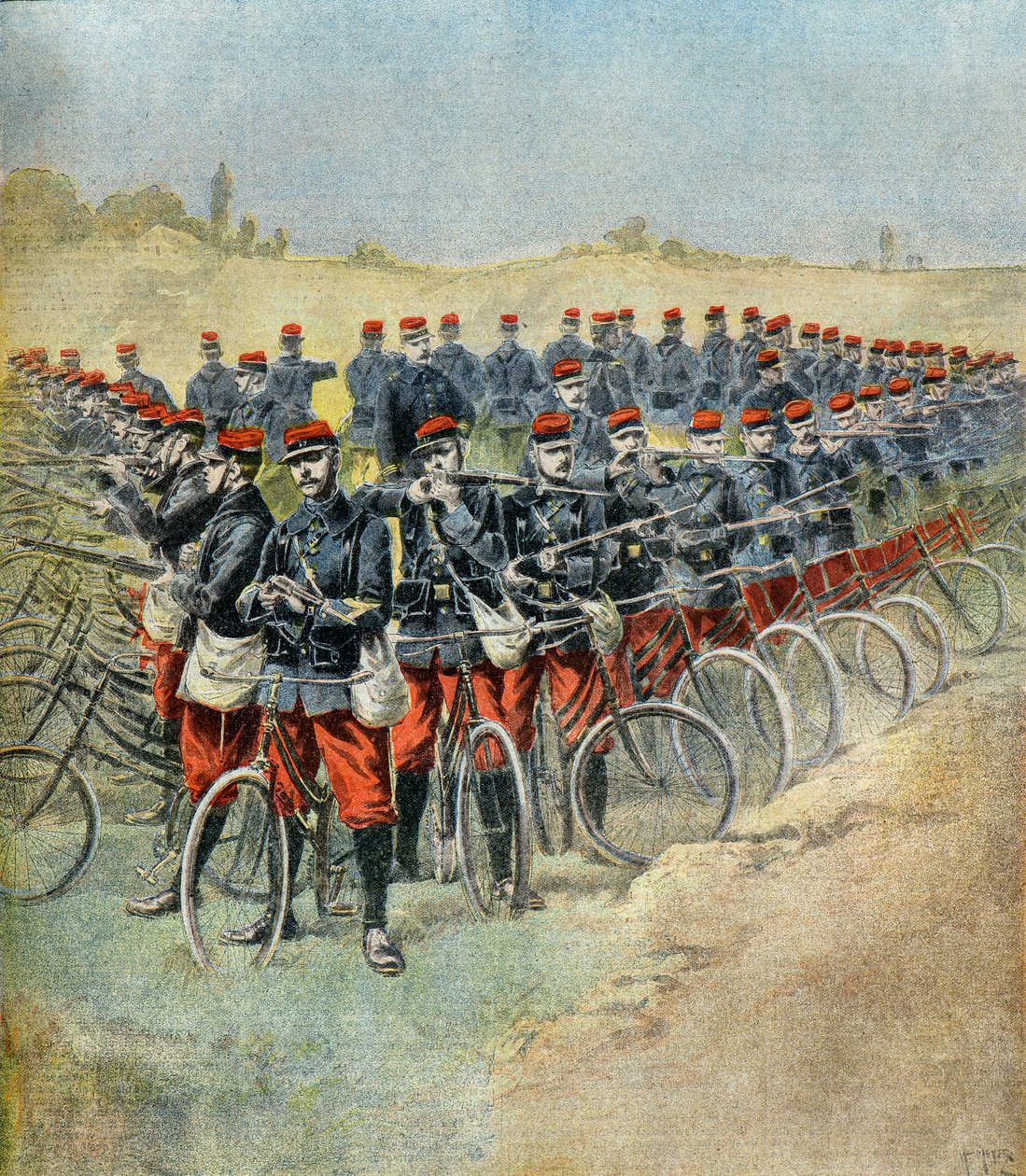 den franska arméns stora manövrar: compagnie cyclistes en carre av Henri Meyer