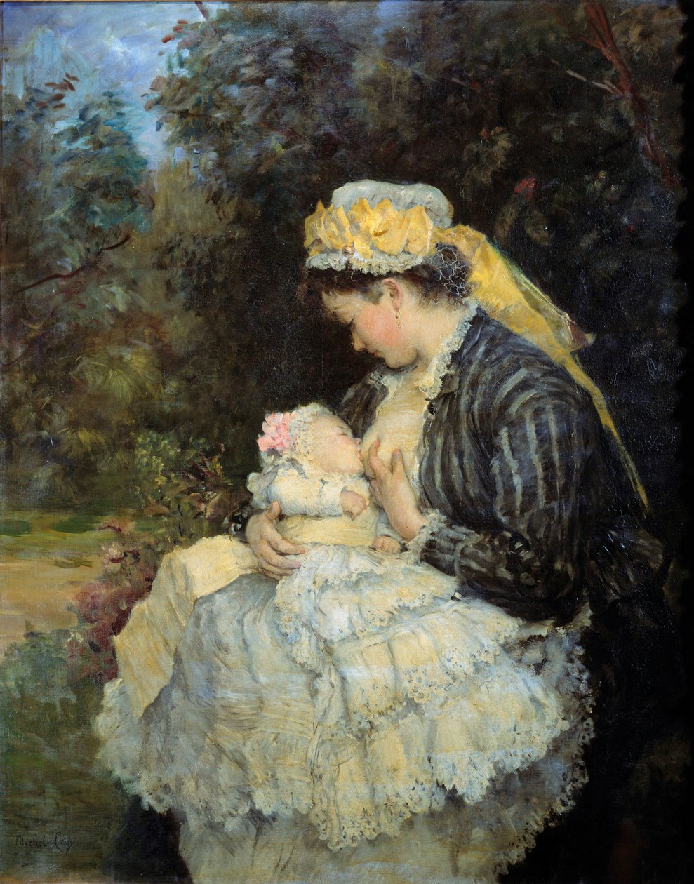 Sjuksköterska som ammar ett barn Målning av Henri Michel Levy (1844-1914). av Henri Michel Levy
