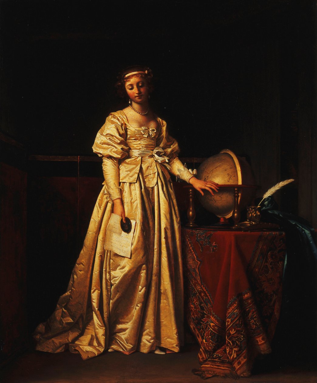 En dam i en interiör, i en gul satinklänning, med en klot på ett bord bredvid sig, sörjer sin mans frånvaro, av Henri Nicolas van Gorp