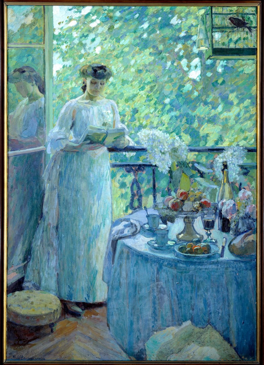 Madame O. på balkongen En ung kvinna läser en bok i en borgerlig interiör, bordet serveras till frukost. Målning av Henry Ottmann av Henri Ottmann